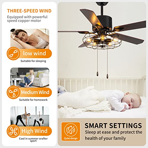 Morpholife 52" Black Caged Ceiling Fan With Lights Remote Control, Industrial Farmhouse Chandelier Fan Pull Chain, Rustic Vintage Ceiling Fan Light With 5 Reversible Blades For Bedroom, Living Room #TOP4