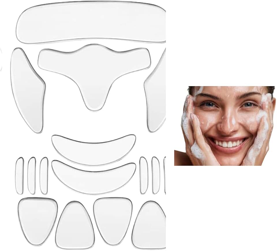 Kit 16 Adesivos de Silicone Anti-Rugas Reutilizáveis para Rosto, Testa, Olhos e Pescoço – Suaviza Linhas de Expressão, Hidrata, Estimula Colágeno e Proporciona Efeito Lifting Natural em Todos os Tipos de Pele
