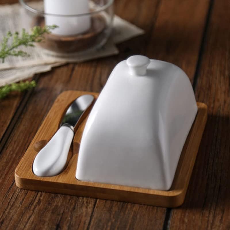 Butter Container Ceramic Dish Cake with Lid Set Porcelain Wooden Home Dish with Butter Cheese Butter Dessert Knife Butter Box for All Types of Butter