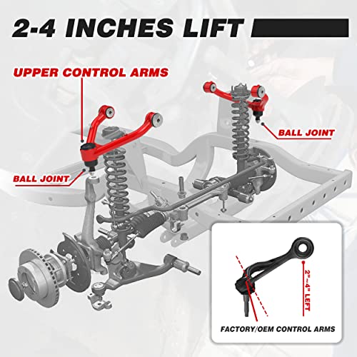 Tezlcad 2-4" Lift Front Upper Control Arms For 1999-2006 Silverado Sierra 1500 2000-2006 Suburban Avalanche 1500 Tahoe Yukon Escalade 2Wd 4Wd, 2 Pcs Red A-Arm Tubular Suspension Leveling Lift Kits #TOP2
