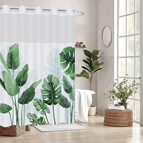 Rezaymrs Plant Leaf Shower Curtain No Hooks, 71X74 Inch Waterproof & Washable, Polyester Shower Curtains With Snap In Fabric, Sheer Top Window, Double Layer Bathtubs Hotel Shower Curtain Set #TOP1