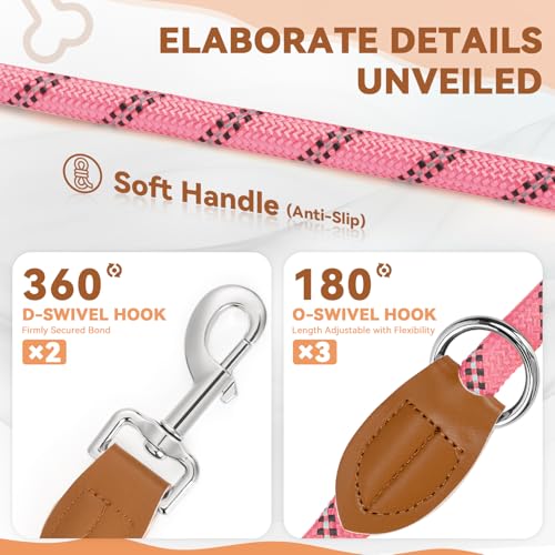 PETCOOZ Hundeleine 3 M Verstellbare Schleppleine für Mittel- & Großhunde(15-60kg), Reflektierende Freihandleine mit 2 Karabiner, Doppelleine aus Robustem Nylon, 200 kg Extreme Kraft