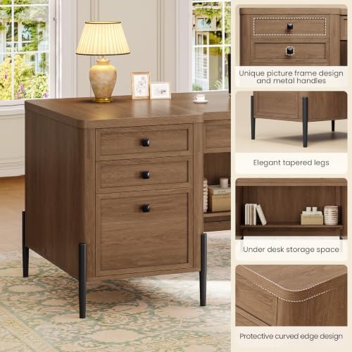 ANGRYWIN 63" W x 27.6" D Executive Desk with 2 Cabinets & 6 Drawers, Farmhouse Home Office Desks with Keyboard Tray, Large Boss Desk with Privacy Panel, Modern Table with Open Shelf and File Drawer — view 5
