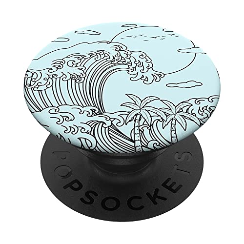 Coconut Girl Aesthetic Summer Beach Great Wave Off Kanagawa PopSockets Swappable PopGrip, Black