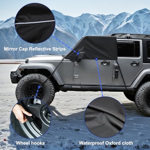 Image of Windshield & Front Side Window Snow Cover Compatible wirh Jeep Wrangle JK 07-18, 600D Oxford Cloth Windshield Cover with Mirror Cover for Sun, Rain, Snow, Sand, Dust, Leaves, Branches Protector