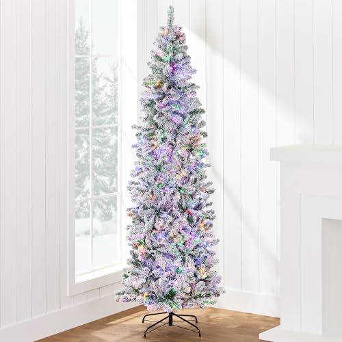 Best Choice Products Flocked Pencil Christmas Tree Pre Lit Slim 75ft Artificial Holiday Decoration 2 in 1 White Multicolor Lights Lighted Decor