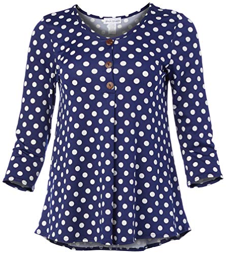 Star Vixen Women's Plus Size Elbow Sleeve Button Front Flowy Tank Top with Pleated Detail, Navy/White Dot, 1X