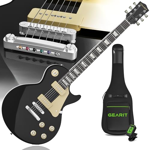 GearIT Electric Guitar (Premium Mahogany Tonewood), GLP-100 Sunset Series, 39in Full-Size Solid-Body, P90 Pickups, Round Frets, Genuine Rosewood Fretboard, Accessories - Black