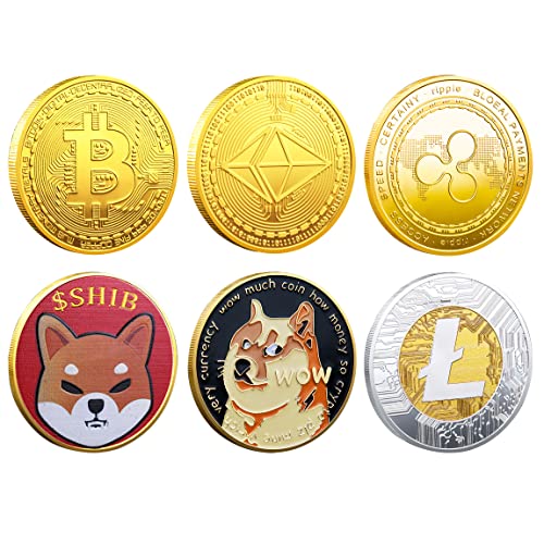 6 Pack Collectible Bitcoin Ethereum Dogecoin Shiba Litecoin Ripple Commemorative Coins, 3mm Limited Edition Cryptocurrency Coin BTC EHT DOGE SHIB XRP LTC Physical Tokens for Gift with Protective Case