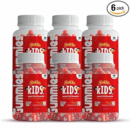 Yorkin Kid's Multivitamin Gummies with Goodness of Vitamins C with Biotin, DHA & 11 other nutrients for Immunity system & Development| Helpful In Healthy Digestion| Height Growth| Brain Functioning |30 Gummies Each| Pack of 6