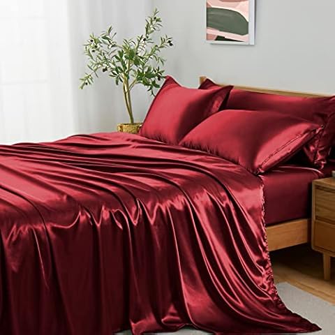 Entisn 5Pcs Silky Satin Sheets Set, Full Size Satin Bed Sheets Set, Burgundy Luxury Bedding Sets, Breathable & Ultra Soft Sheets Set Includes 1 Fitted Sheet, 1 Flat Sheet, 3 Pillowcases Cover