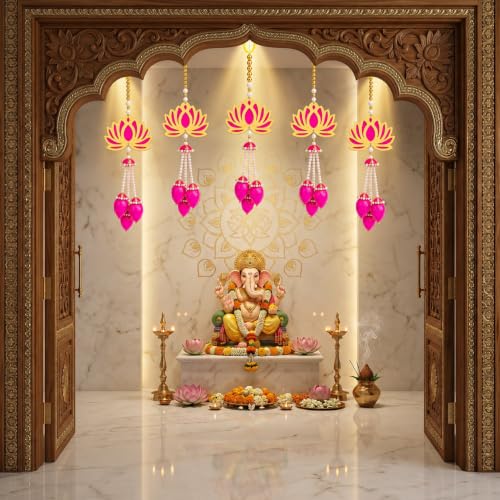Image of JH Gallery Pearl Bead Lotus - Ganesh Chaturthi Decoration Items for Home, Handmade Ganpati Makhar & Mandap Backdrop, Temple & Wall Hanging Decor (16 Inch, Pack of 5)