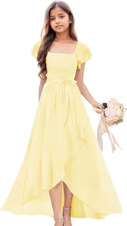 Junior Bridesmaid Dresses Short Sleeves Chiffon Flower Girl Dress for Wedding Ruffle Girls Formal Dress