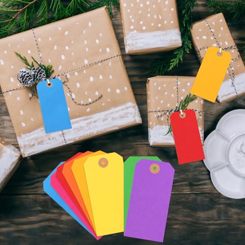 120PCS Blank Shipping Tags, 4 3/4 x 2 3/8 inches Manila Label Tags with String Attached Reinforced Hole Writable Large Marking Hang Tags with Wire (Rainbow)