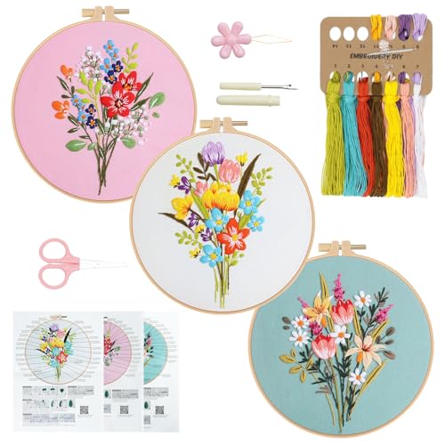 Image of RidaaFri Embroidery Kit for Beginners, Set of 3 Flower Pattern DIY Kits for Adults & Starter, Hand Embroidery Practice Set with Guide & Video Tutorial, Includes Hoop, Needles, Floss