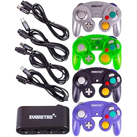 EVORETRO 4 Pack GameCube Controller Bundle - with 4 Extension Cords and a 4-Port Adapter for/Switch/PC Cover