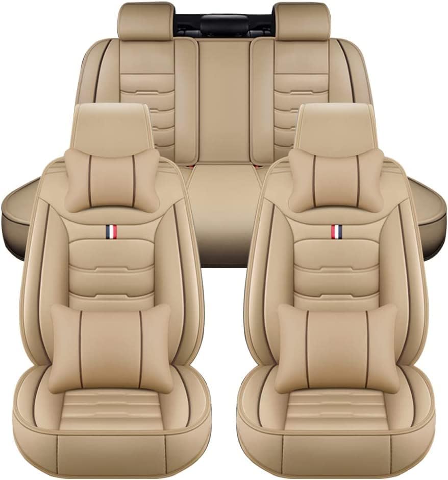 LAXIL Car Leather Seat Cover Sets for Hyundai Ioniq Electric, 5 Seats Full Set Leather Front Rear Seat Protectors Non-Slip Waterproof Auto Accessories,Luxurious_Set-A_Beige