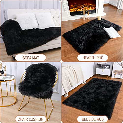Benron Faux Fur Area Rug - 2' X 3' Black Fluffy Rug Washable Sheepskin Rug White Fur Rug Ultra Soft Chair Seat Covers Throw Rug Pads Small Rugs For Bedroom Living Room Fireplace Decor #TOP4