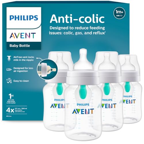 Philips Avent Anti-Colic Baby Bottle with AirFree Vent, Medium Flow 2 Nipple, 1m+, 9oz, 4 Pack,...