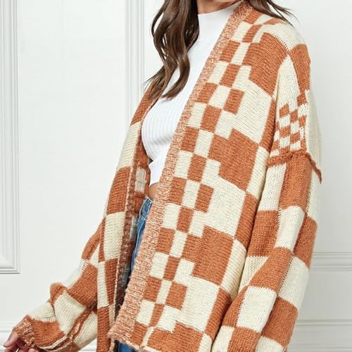 Womens Plaid Sweater Cardigan Checkered Button Down Contrast Long Sleeve Coats Cable Knit Oversized Sweaters Tops4