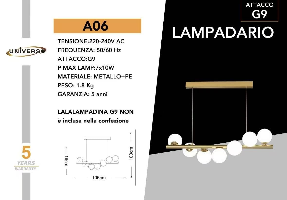 Lampadario Moderno a Sospensione 7 Luci G9, Design Bianco e Ottone, Altezza Regolabile, per Soggiorno Cucina Sala da Pranzo Camera da Letto – Senza Lampadine A06