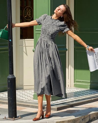 Image of RIHOAS Plaid Gingham Midi Dress Short Sleeve Smocked Dresses for Women | Cotton,Ruffle Puff Sleeves,Vintage Brown,Spring Summer Casual Daily,Picnic,Travel,Vacation,Christmas Festive Occasions