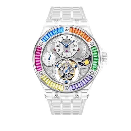 Haofa 腕時計メンズ トゥールビヨン K9水晶ガラス ダイヤモンドベゼル 機械式手巻き ムーンフェイズ GMT 腕時計 中空の文字盤 防水 高級 おしゃれ 男性プレゼント