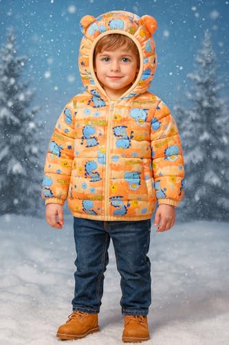 Image of Bold N Elegant Kid's Standard Length Polyester Winter Dinosaur Bomber Jacket Hoodie Puffer Quilted Jacket Coat for Baby Boys and Girls