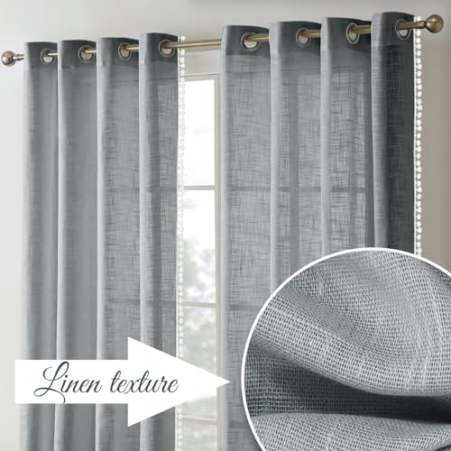 Image of THE LINEN COMPANY Cotton Sheer Grommet Curtains with Side Border Pompom Sheer Curtain for Long Door Linen Textured, Light Filtering, Pack of 2 (Light Grey, 10 Feet)