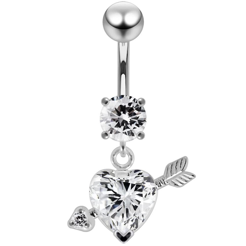 Silver Belly Rings Clear CZ Gemstone Stylish Arrow in Heart Dangling 925 Sterling Body Jewelry