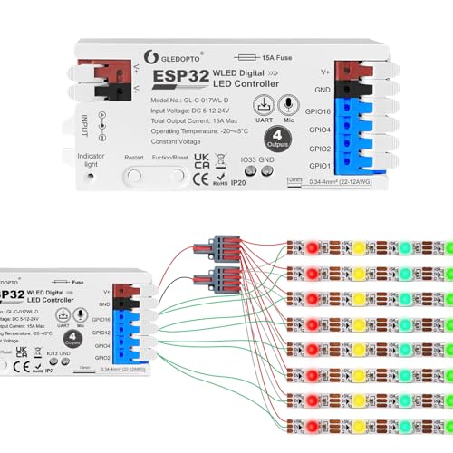GLEDOPTO Contrôleur LED WiFi 4 Voies ESP32 WLED - Compatible Alexa/Google Home - pour Bandes LED RGB 5-24V - Max 15A - GL-C-017WL-D (1 Pièce)