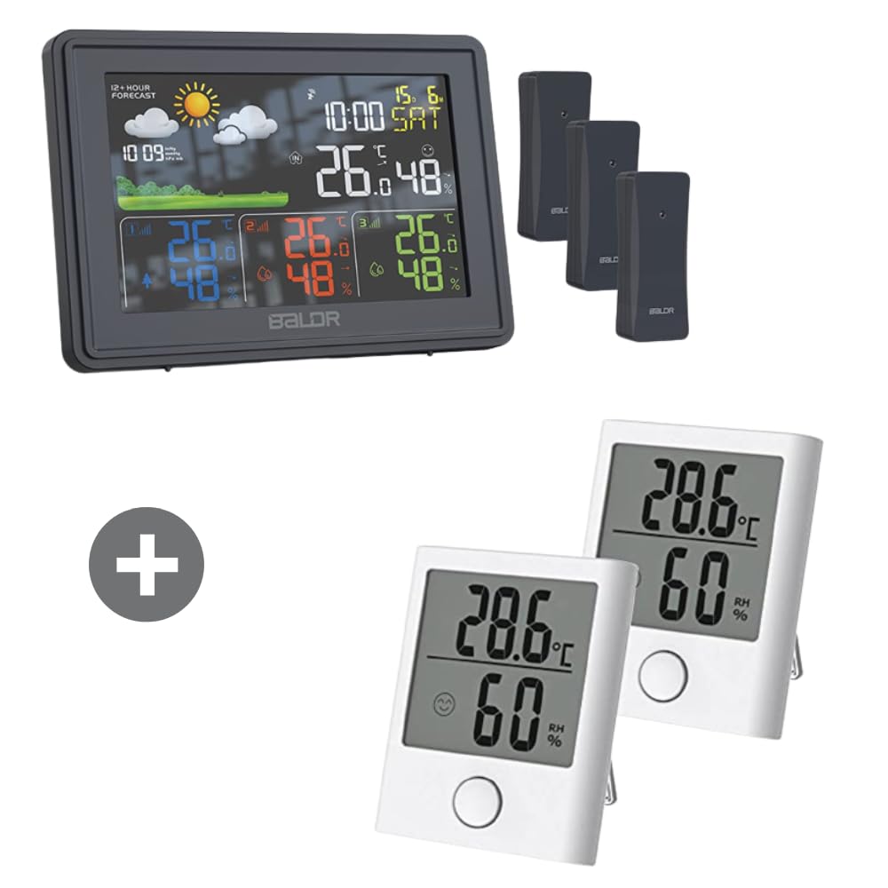 BALDR Home Weather Station & Indoor Outdoor Thermometer with 3 Wireless Remote