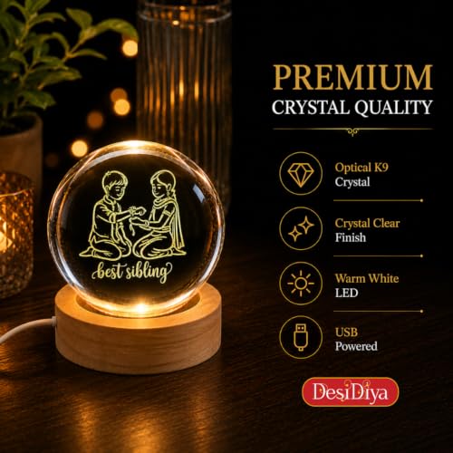 Image of Desidiya 3D Crystal Ball LED Lamp for Brother Sister Rakhi Gift, USB Base | Made from clear K9 crystal with a smooth finish and elegant wooden LED base.