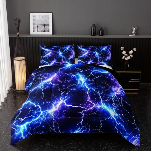 Image of Nttopship Blue Lightning Comforter Set Twin Size Bed in A Bag,Lightning Bedding Set for Teen Adult Blue Room Decor Ultra-Soft Lightweight Microfiber with 2 Pillowcases