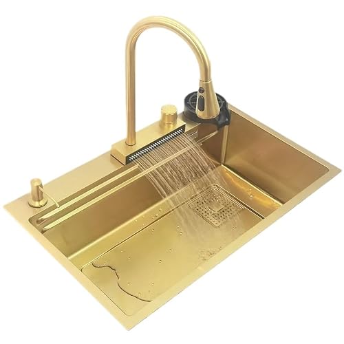 Gold Kichen Sink 304 Stainless Steel Golden Topmount Single Bowl Wash Basin Kitchen Faucet Easy to Clean Maintain(75x46cm B)