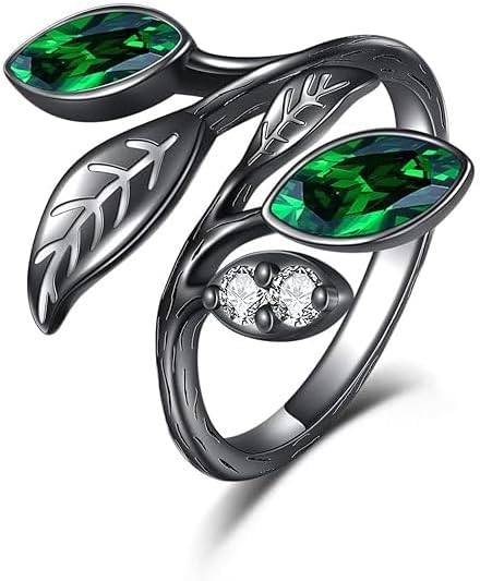 AOBOCO Adjustable Leaf Ring for Women Sterling Silver Leaf Birthstone Rings Christmas Birthday Anniversary Jewelry Gifts for Women Dimensions(6# to 9#)