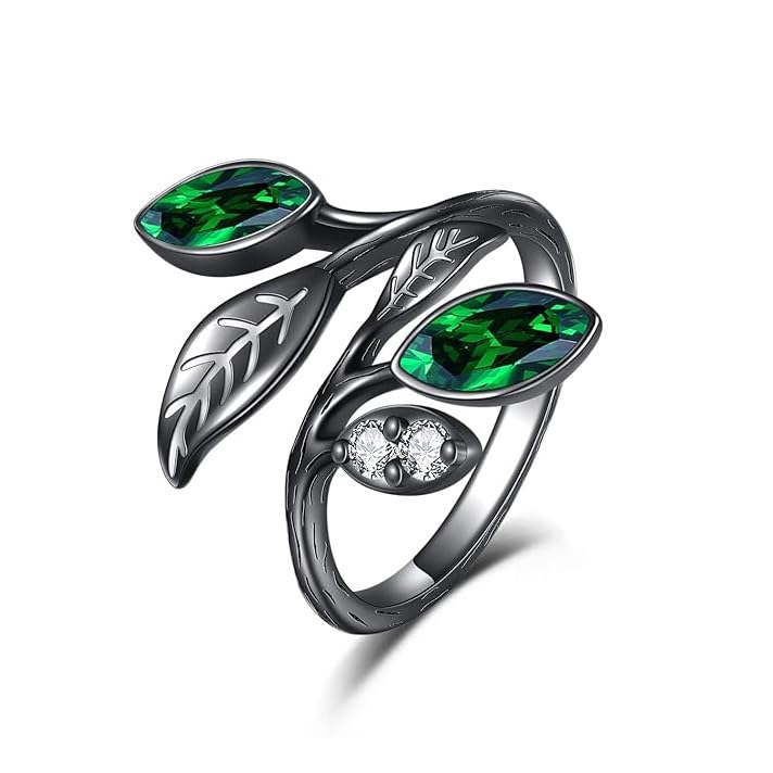 AOBOCO Adjustable Leaf Ring for Women Sterling Silver Leaf Birthstone Rings Christmas Birthday Anniversary Jewelry Gifts for Women Dimensions(6# to 9#