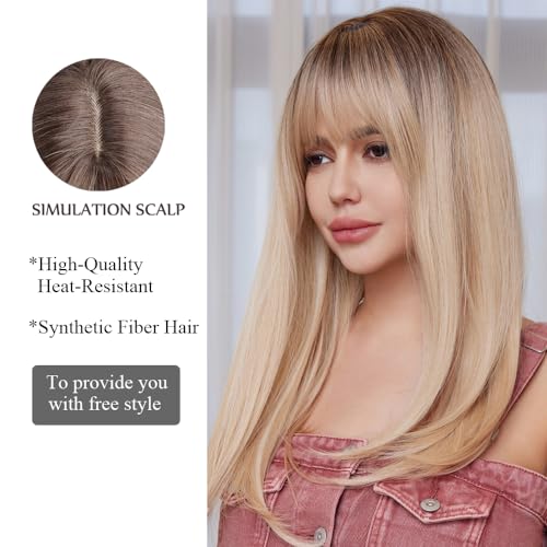 OUFEI Ombre Blonde Wigs for Women - Long Wig with Bangs, Straight Synthetic Hair, Heat Resistant for Daily Party Cosplay Wear - Image 3