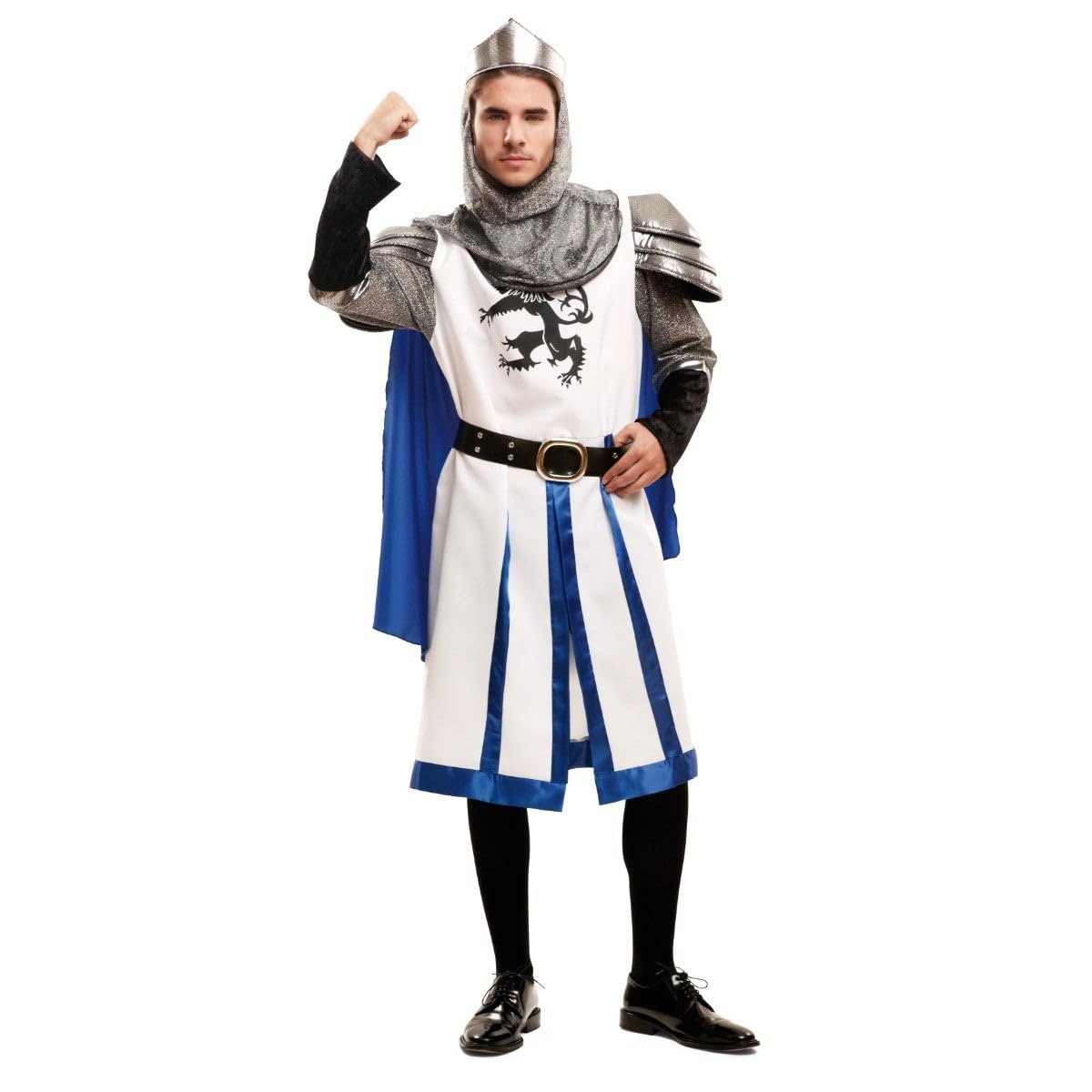 My Other Me - Disfraz Caballero Medieval hombre, talla M-L. Incluye casaca blanca, hombreras plateadas, capa azul, capucha metalizada, faldón blanco con franjas azules, cinturón negro y corona.
