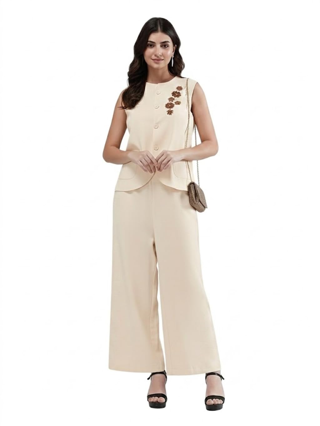 Women Elegant Beige Embroidered Co-ord Set with Wide-Leg Pants | Kurti Style Top with Pant | Casual, Party & Office Wear Two Piece Outfit-image-49