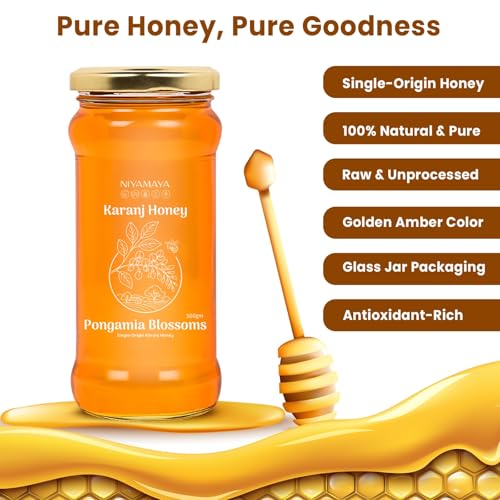 Image of NIYAMAYA Karanj Honey Raw Natural Pure Unprocessed Lab Tested Unpasteurized Unheated 500gm Unblended Nectar from Karanj Flowers, monofloral, No Additives