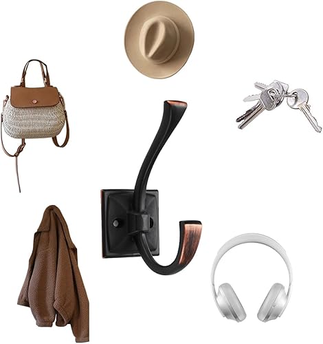 Miniatura 3 de CABDM Paquete de 2 ganchos decorativos resistentes para colgar batas, ganchos de bronce aceitado doble para colgar abrigos, montados en la pared con