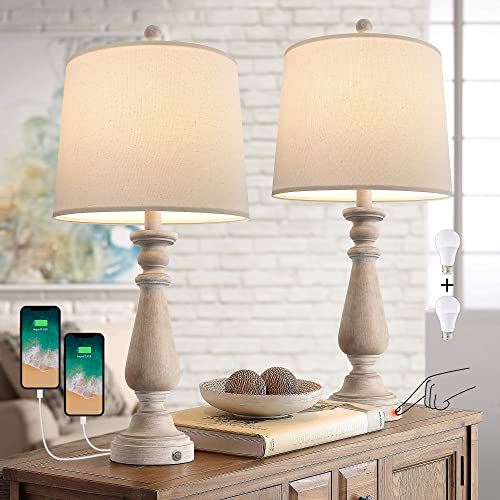 PORTRES 25.75 inches 3 - Way Dimmable Touch Lamps Set of 2 for Bedroom Rustic Bedside Lamp with USB Ports for Living Room Kids Room Study Room (Resin) PORTRES 25.75 inches 3 - Way Dimmable Touch Lamps Set of 2 for Bedroom Rustic Bedside Lamp with USB Ports for Living Room Kids Room Study Room (Resin)