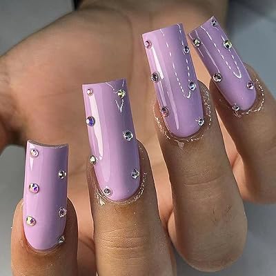 FRUJCDKI Lavender Purple Medium Length Square Rhinestone Nails, Coffin Style Fake Nail Set, Classic Opaque Acrylic Nail Set For Female Girls, 24 Pieces In Total