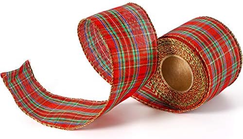 6.3 cm Christmas Plaid Burlap Ribbon in Width Red and Green Gingham Wrapping Ribbon with Spool, Xmas Buffalo Plaid Ribbon for Christmas Decoration Gift Wrapping Party Decoration (10 Meter Long)