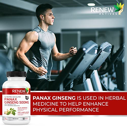 Renew Actives Panax Ginseng Supplement. 500Mg Per Serving. Help Boost Energy, Performance & Cognitive Function. Easy Swallow Vegan Capsules. Gluten & Gmo Free #TOP1
