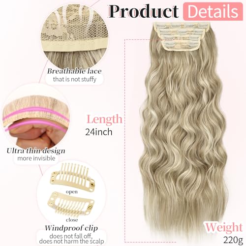 Image of KooKaStyle Wavy Clip in Hair Extensions 24 inch Ashy Beige Blonde Balayage