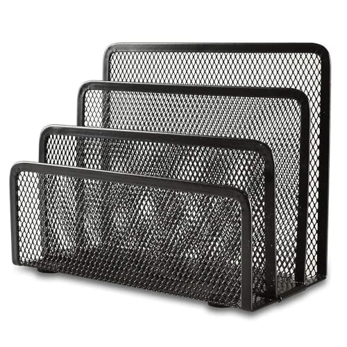 Organizador de escritorio de metal con 3 divisiones, Organizador documentos para escritorio, Soporte para revistas y archivos escritorio, 17,5 cm ancho x 13 cm alto, 3 Compartimentos, Negro