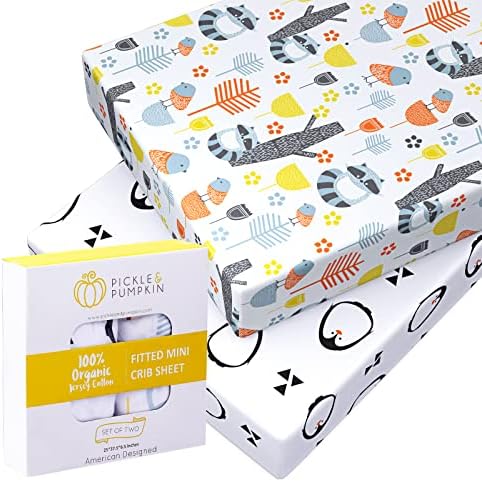 P﻿﻿ickle & Pumpkin - 2 Pack Mini Crib Sheets Fitted for Graco Pack N Play Mattress & Playpen Mattresses - Knitted in Pure Organic Cotton - Naturally Soft, Cozy & Breathable - Beautiful Woodland Design