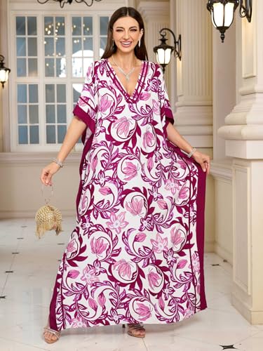 Image of KECVOT Kaftan Dresses for Women V-Neck Print Swimsuit Cover Up Plus Size Beach Caftan Lounge Dress